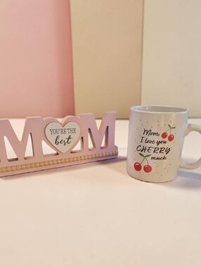 Mom Cherry Mug and 'You're the Best' Pink MOM Sign Set